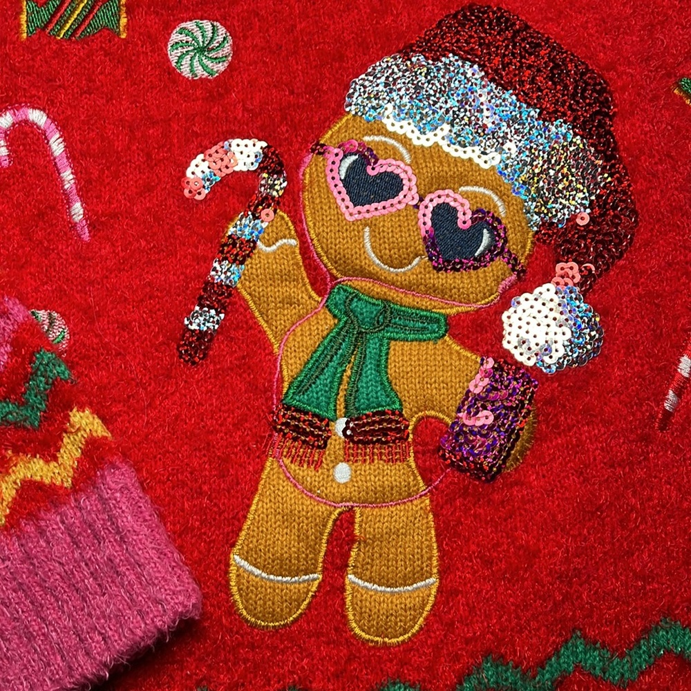 Holiday Time L (10-12) Sequined,gingerbread man,eyelash embroidered sweater. EUC - Picture 2 of 5